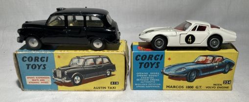 Corgi: A pair of boxed Corgi Toys, Marcos 1800 G.T. with Volvo Engine, Reference No. 324; and Austin