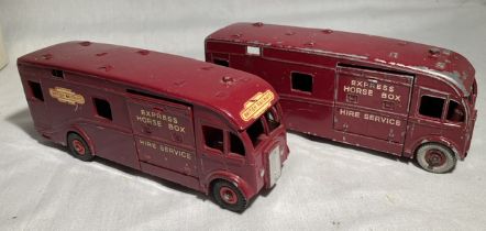 Dinky: A pair of playworn, Dinky Toys, Express Horse Box Hire Service vehicles, one with British