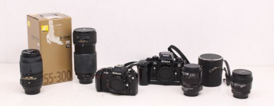 Nikon: A collection of assorted Nikon to comprise: Nikon F4 camera body; Nikon F-501 camera body;