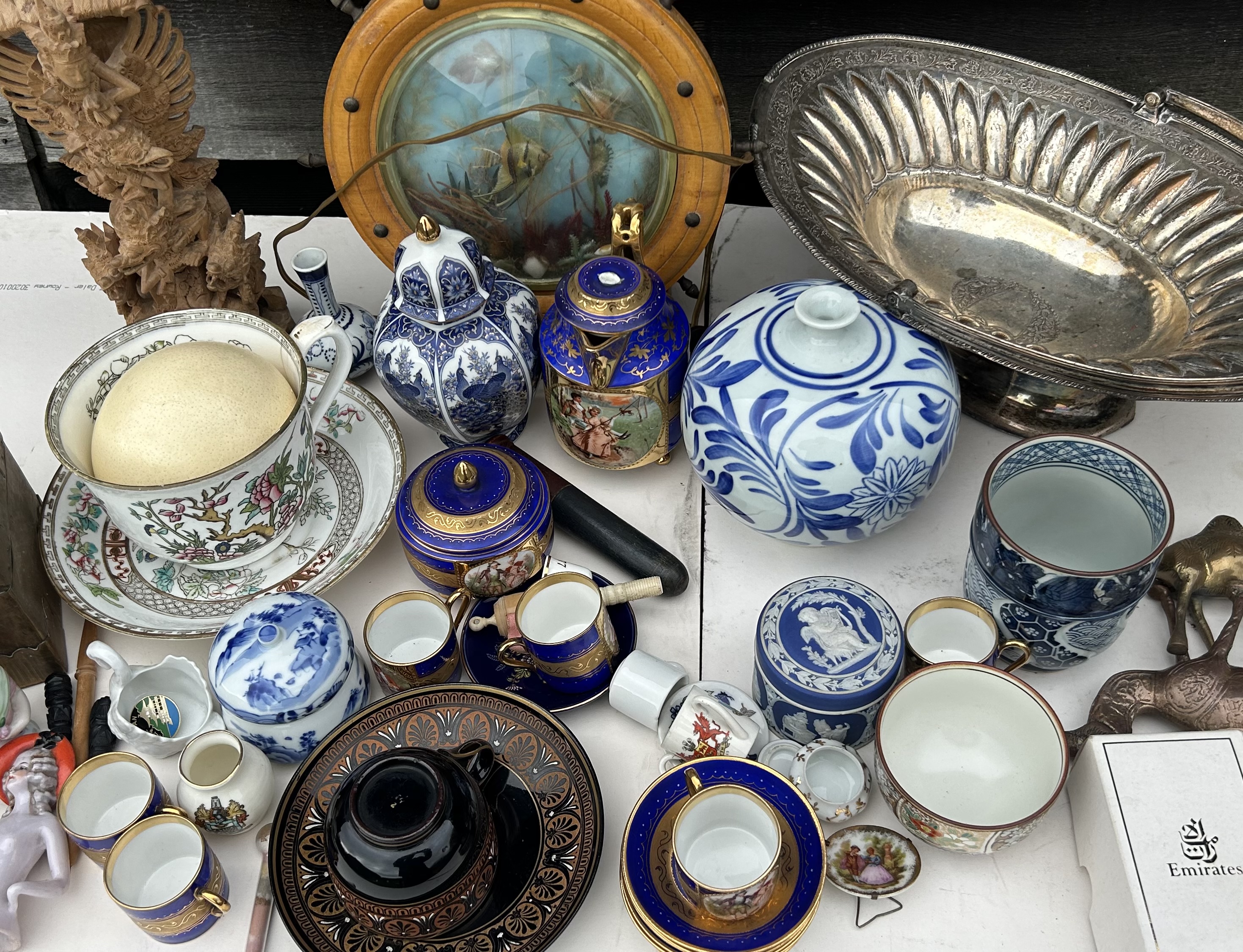 A large collection of pottery and porcelain silver plate and an Ostrich egg