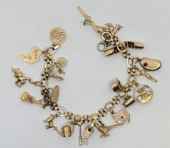 A 9ct. gold fancy link charm bracelet, suspending twenty various charms (12 x 9ct. gold, 3 x 14ct.