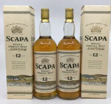 Whisky. Scapa Single Orkney Malt Scotch Whisky, aged 12 years, 40% vol, 2 x1 Litre boxed bottles.