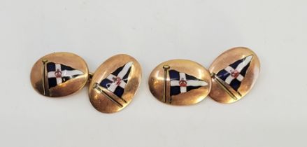 Royal Thames Yacht Club interest: A pair of 9ct. rose gold and polychrome enamelled oval