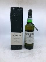 Whisky. Laphroaig 15-year old single Islay malt, pre Royal warrant 1990's.  Condition: Seal intact