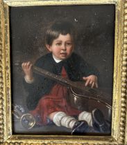 An early 19th cent oil on canvas depicting a child with Parlor guitar