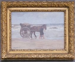 Willy Sluiter (Dutch 1873-1949), "Walking with a horse and cart along a sandy beach", oil on