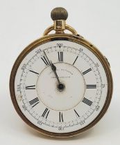 Cricket Interest: A Victorian 18ct. gold chronograph pocket watch, crown wind, movement plate