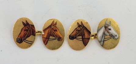 A pair of 18ct. gold and enamel oval cufflinks, Birmingham 1937, each face with polychrome enamelled
