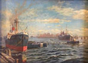 An oil on board of a harbour scene by Karl M Hanbury, signed lower right.