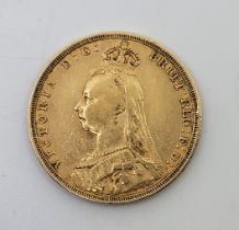 A Victoria 1892 Jubilee bust gold sovereign coin, London mint.