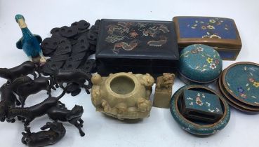 A collection Chinese items to include a Chinese lacquered boxes, A Chinese carved soapstone censor
