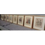 A set of nine late 19th century hand coloured French fashion prints, 32cm x 23cm approx.