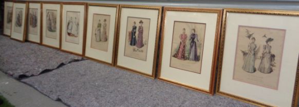 A set of nine late 19th century hand coloured French fashion prints, 32cm x 23cm approx.
