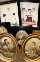 A large collection of portrait miniatures  to include a pair of late Georgian oval silk work