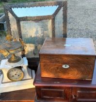 A 19th cent Alabaster French mantle clock , wooden boxes and a 19th cent mirror