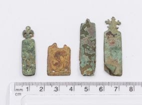 Bulk lot of three similar sized and shaped copper alloy medieval strap ends plus a Medieval