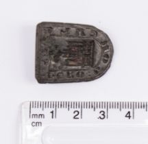 A stunning  Medieval copper alloy “shield” style large matrix seal depicting a cathedral with a