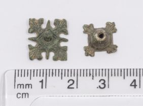 Lot of 2 small and intricately decorated tinned copper alloy belt/strap mounts of around the late