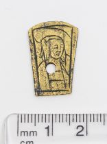 Late medieval copper alloy gilded mount. Item is fully gilded and decorated with an external