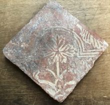 Medieval 13th-14th Century Floor Tile with impressed decoration of a plant/tree bordered by three