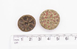 Pair of Saxon copper alloy disc brooches 8th-9th century. Both are decorated with enamel segments
