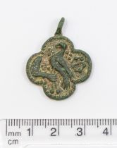 Medieval copper alloy Pendant depicting Falconry scene & ring brooch 14th/15th Century AD. Dia 25.