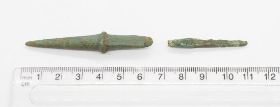 "Pair of Bronze age “Awl”. They would have been used to make holes in leather or wood and probably