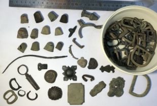 Collection of Metal Detector Found items, including Thimbles, Pipe tamper ring, Buckles and other