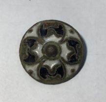 Scarce Post Medieval Enamel Button, Slightly domed Black and White enamel front, Drilled loop to