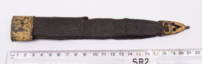 15/16th century leather scabbard with top and bottom chafes. Lower chafe has a V shaped cut out.