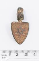 A stunning medieval heraldic shield style copper alloy horse harness pendant and gilded hanger,