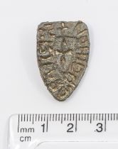 Medieval Kite shield shape copper alloy matrix seal. Decorated with a central stylized cross with