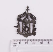 Medieval pewter pilgrim's badge 15th century. Openwork birdcage style with a cross knop at the