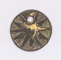 A copper alloy  circular plate medieval Rondel decorated with gold gilding over an eleven pointed