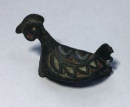 Rare Roman 2nd Century Zoomorphic Brooch in the form of a Chicken 3D form, remnants of Blue and