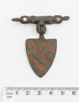 Medieval large copper alloy shield Pendant and hanger showing three red enamel chevrons diagonally