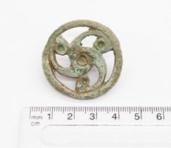 Incomplete late Iron Age to early Roman copper alloy 'fob' or dangler, a disc sporting an openwork