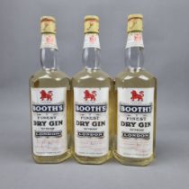 3 Bottles Booth's Finest Dry Gin Circa 1950/60's - 70 Proof - No Capacity Stated
