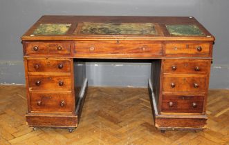 A Victorian mahogany twin pedestal writing desk, the scriber set top with central rising section