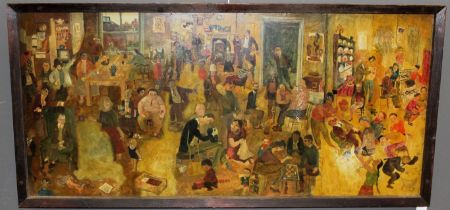 20th Century British School A Surrealist Party Scene Oil on board Unsigned 58cm x 124cm