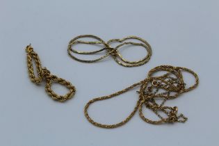 A collection of 9ct gold chains comprising of three chain necklaces and a twist chain bracelet.