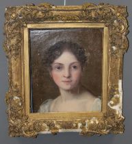 19th Century English School Portrait of “Mary Constable” Oil on canvas Unsigned Paper label verso