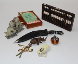 An abacus, maj jong set, a Ronson wood lighter, a kukri set (missing a knife), a pair of hardstone