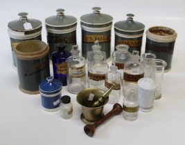 Six 19th century stoneware chemist's/ drug jars, variously labelled, two without covers, together