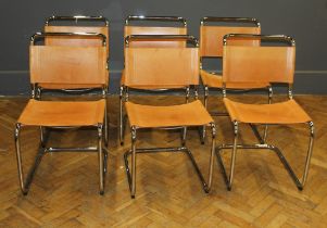 Fasem, a set of six cantilever dining chairs after Mart Stam. Each with mid-brown stitched leather