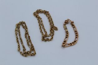 A collection of three 9ct gold chains, two necklaces and one bracelet. Gross weight approximately