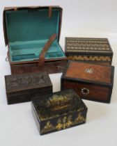 A 19th century papier-mâché sewing box, with gilt decoration, the top of the lid centered with a