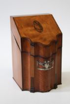 A George III satinwood, crossbanded, conch inlaid and strung knife box of serpentine form, the