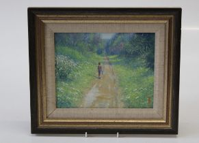 Bruce Tribbett ( 20th century British) Home From School ! Oil on panel, seal mark signature lower