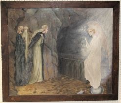 Early 20th century, Pre- Raphaelite School. Angel and three women at the Tomb of Christ. Oil on